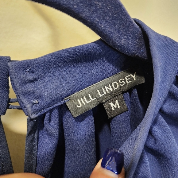 JILL LINDSEY Logan Navy Blue Quarter Sleeves Relaxed Fit Mock Neck Mini… - Picture 2 of 15